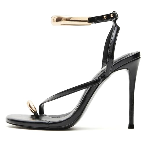 Yishaweiqi Metal Ankle Strap Heeled Sandals for Women Toe Ring Strappy Stiletto High Heels Square Toe Dress Sandals