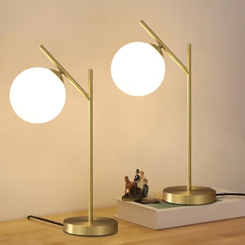 Image of Globe Table Lamp Set of 2, Brass Glass Globe Desk Lamp with Milky White Glass Shade, Contemporary Metal Bedside lamp for Bedroom Living Room Study Room