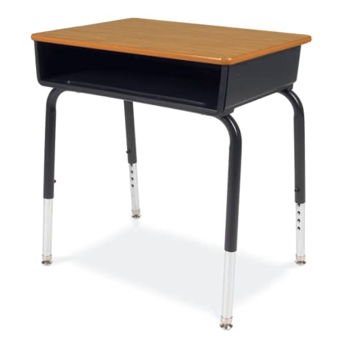 Virco785 School Desk for Students in Grades Elementary - University, Plastic Open-Front Book Box for Classrooms, Adjustable Legs - Medium Oak Laminate Top (10 Desks)