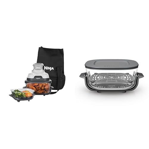 Ninja CRISPi Tragbare Heißluftfritteuse mit Tragetasche, 3,8 l & 1,4 l, 4-in-1: 2 abnehmbare Glasbehälter & Deckel, Weiß FN102EU + Ninja CRISPi 3,8-l-TempWare-Glasbehälter mit Deckel, XSKLIDPLTEUUK