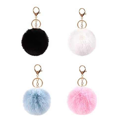 Llaveros de Pompon,4 piezas Llavero Pompon piel Conejo Artificial Esponjoso Pompón Llavero Pelo de Conejo para Bolso Mochila Teléfono móvil Llavero de Coche Decoración Accesorio