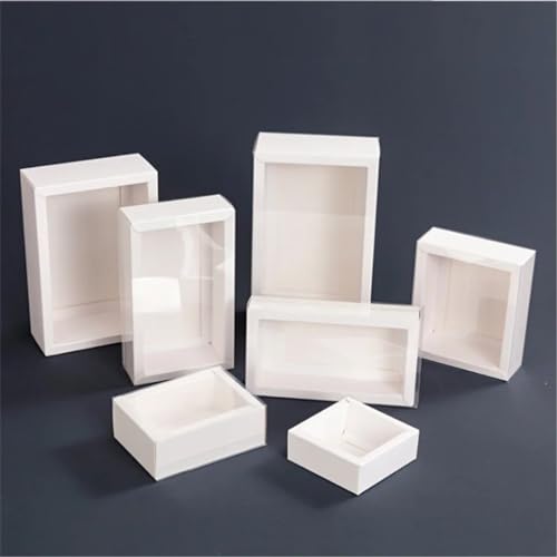 Awcmtpsyol Paquete de 10 cajas rectangulares de papel kraft con ventana de PVC para bodas, fiestas de cumpleaños, joyas, galletas de caramelo, cajas transparentes decorativas para regalo (blanco + PVC