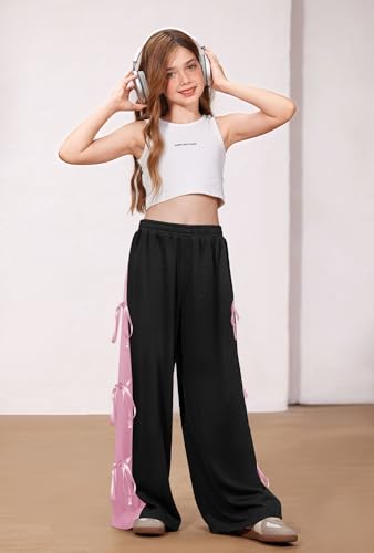 Girls Fall Cute Bowknot Side Wide Leg Sweatpants Y2K Color Block Baggy Track Pants 5-14 Years4