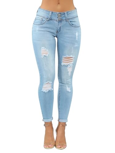 KUNMI Women's Skinny Ripped Trendy Jeans Distressed Stretchy Denim Pants2