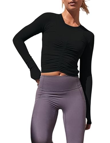 Women's Ruched Long Sleeve Workout Tops Cropped Crew Neck Yoga Atheltic Blouses Y2K Slim Fitted Shirts