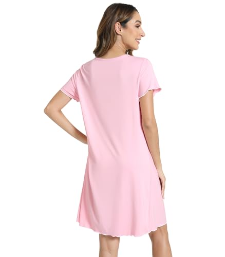 NACHILA Women's Nightgowns-Viscose Made from Bamboo, Soft Short Sleeve Nightgowns Comfy V Neck Night Shirt Cooling Sleepwear Pink Large — view 3