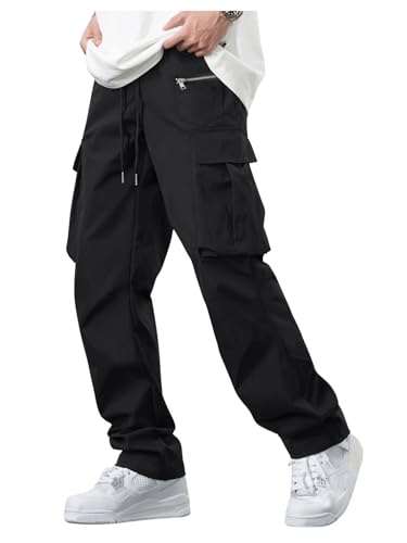 Verdusa Men's Cargo Pants Drawstring Waist Joggers with Zipper Pockets