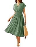 GRACE KARIN Holiday Dress for Women Linen V Neck Pleated Tie Waist Short Sleeve Summer Dresses Gray Green L