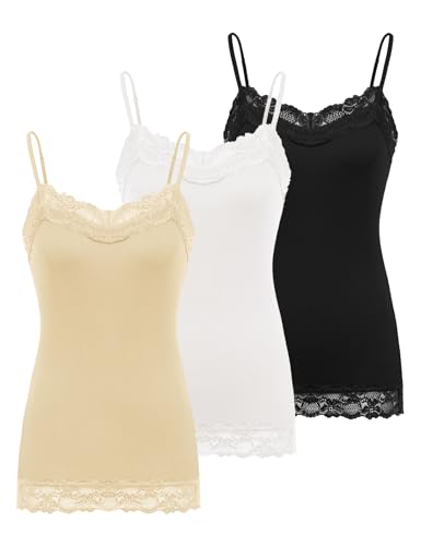 Kate Kasin Women's Adjustable Spaghetti Strap Lace Trim Cami Tunic Tank Top 3PACK