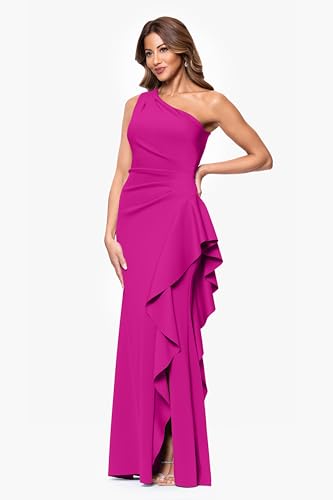 Image of Xscape Women's Floor Length One Shoulder Ruched Waist with Ruffle Bodice Evening Dress with Side Slit