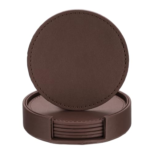 uxcell 1 Set Leather Coasters for Drinks, Drink Coasters with Holder for Tabletop Protection, Home Decor and Housewarming Gifts, Brown