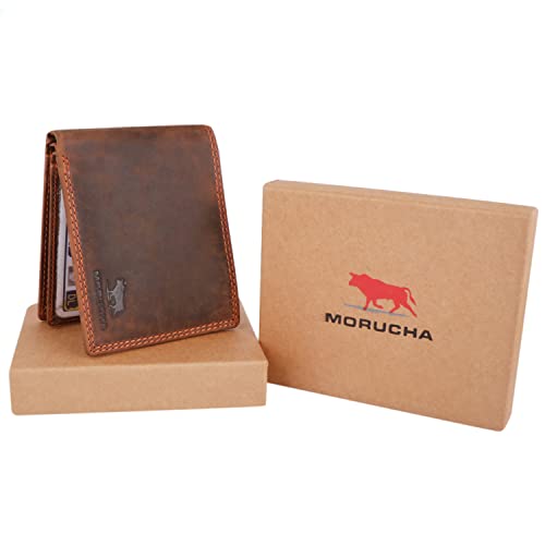 MORUCHA Dark Brown Mens Wallet | Genuine Distressed Leather RFID Blocking | High Capacity Stylish Wallet Purse With Zipped Pocket | Designed For Up To 6 Cards, Coins And Cash | Gift Boxed | M-203