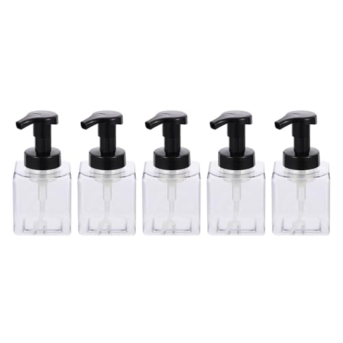 DECOMELODY Dispensador de Jabón de Manos Recargable 250 Ml Transparente con Bomba Negra Botella Cuadrada Pet 5 Piezas para Gel Champú y Productos de Baño Envases Reutilizables para Uso