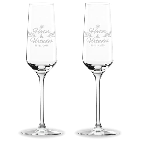 DEREGALOOS Copa de caça personalizada. Nomes e data para casais em gravação a laser. Detalhe elegante para casamentos aniversários Brindis românticos pack de 1 ou 2 copos (2 copos)