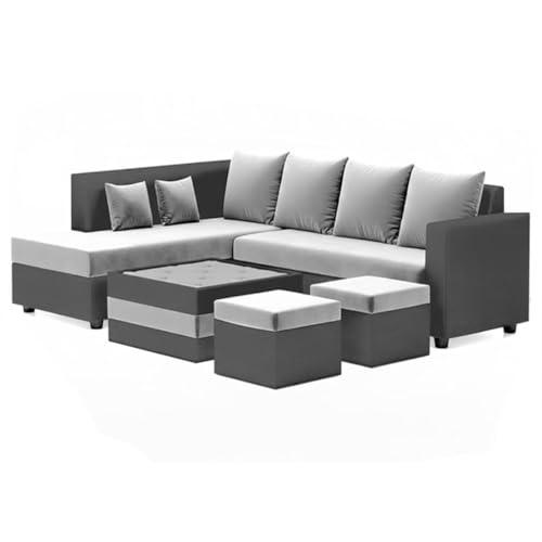 Image of CASASTYLE Stylify 8 Seater Fabric LHS L Shape Sofa Set with 1 Centre Table & 2 Ottoman (Light Grey-Dark Grey) 8 Person Seating with Premium Velvet Finish | Ideal for Living Room