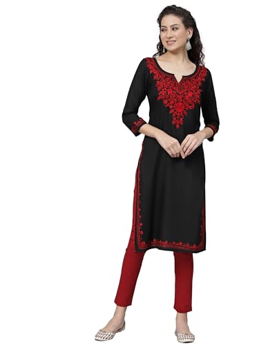 Image of QAZMI Women's Floral Aari Embroidered Viscose Rayon 3 /4 Sleeves Straight Kurta