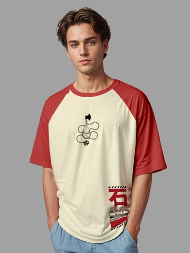 Image of crazymonk Men's Cotton Printed Stone Hashira Oversized Half White T-Shirt