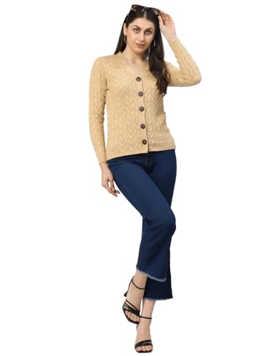 Image of Kalt Women Full Sleeves Cable Button Acrylic V-Neck Sweater