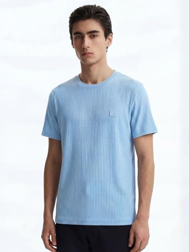 Image of DAMENSCH Men's Striped Texture, Cotton-Rich Comfort, Regular Fit, Solid Colours Striped T-Shirts