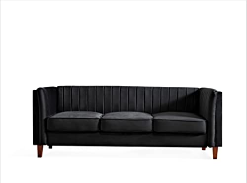 Container Furniture Direct S5725N Modern Luxury Velvet Couch For Living Room With High Density Foam, Soft Fabric Upholstery, Removable Cushions And Solid Wood Legs, 83'' Wide 3 Seater Sofa, Black #TOP2
