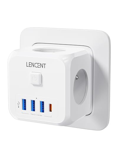 LENCENT Multiprise, 7 en 1 Murale Prise avec Multiple Secteur USB, Cube Chargeur avec 3 Sorties AC 4000W, Interrupteur, Idéal pour Salon, Bureau, Chambre (1...