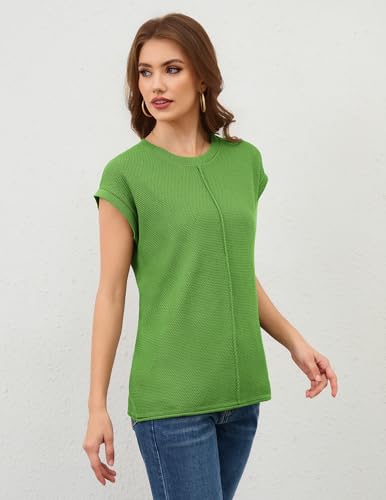 Image of Women Summer Casual Cap Sleeve Tank Tops Short Sleeve Waffle Knit Sweater Vest Oversized Crewneck Tee Shirt Green