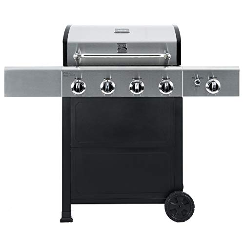 Kenmore 4-Burner Gas Grill with Side Burner, Outdoor BBQ Grill, Propane Gas Grill, Cast Iron Cooking Grates, Electronic Ignition, Warming Rack, Open Cart Design, 53000 BTUs, Stainless Steel and Black by Kenmore - Used condition - US$277.78