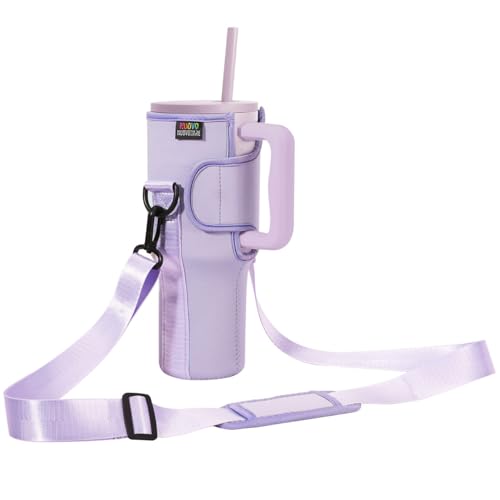Nuovoware Water Bottle Carrier Bag Fit Simple Modern 40 oz Tumbler with Handle, Bottle Pouch Holder with Adjustable Shoulder Strap, Neoprene Water Bottle Holder for Hiking Traveling, Purple