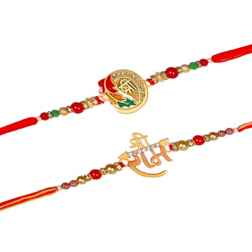 Rakhi Set of 2 Rakhi for Brother with Raksha Bandhan Greeting Card | Roli Chawal Tika - Raksha Bandhan Designer Kundan Rakhi for Brother & Bhabhi | Rakhi for Bhaiya | Rakhi Thread VRK0124