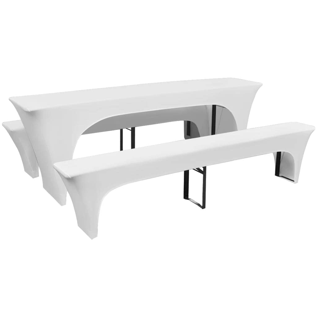 vidaXL 3X Fundas Estirables de Mesa y 2 Bancos Blanca Cubierta Muebles Jardín