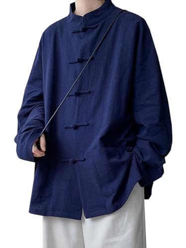 [ＪＩＹＵＴＯＲ] 綿麻シャツ 長袖 メンズ チャイナ風 白シャツ 長袖シャツ 立ち襟 無地 中国風シャツ トップス 上着 中華風 インナー 唐装 漢服 太極拳 武術服 チャイナボタン 練習用 男性 大きいサイズ(6ネイビー)