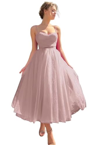 Image of A line Ruched Tulle Prom Dress Spaghetti Straps for Women, Tea Length Sweetheart Homecoming Dress Cocktail Dress