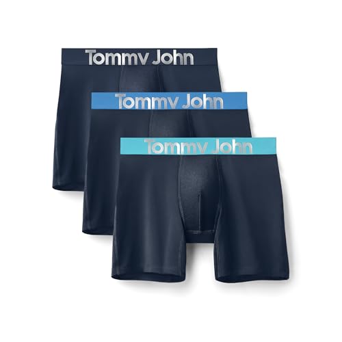 Tommy John Men's 360 Sport Micro 6' Mid-Length Boxer Brief Underwear, Dress Blues (Colored Waistbands), Large