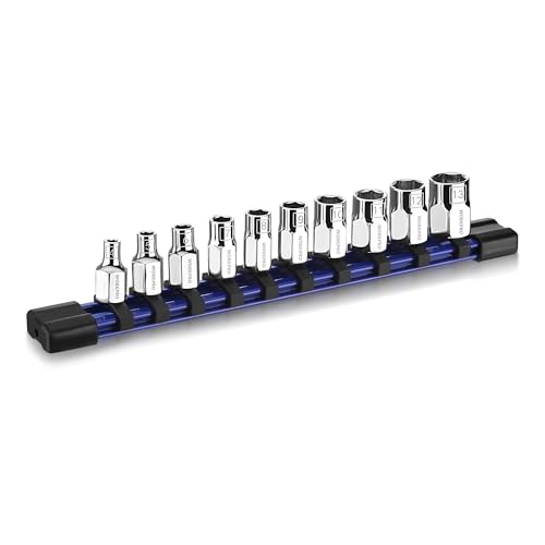 Image of WORKPRO 1 /4 inch Drive Socket Set, 10-Piece Metric CR-V Socket Set with Rail | Standard & Shallow Sockets, External Hex Socket, 4mm to 13mm, 6-Point, Size Markings, PVC Socket Organizer, for Auto Repairs