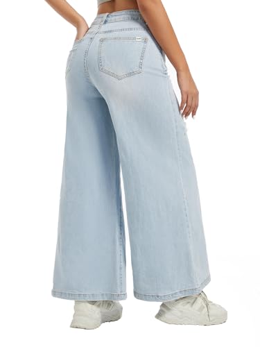 Women's High Waisted Wide Leg Pants Loose Fit Distressed Stretchy Denim Ripped Straight Leg Jeans3
