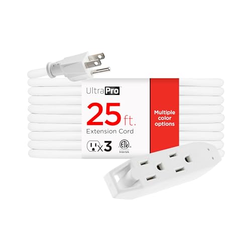 UltraPro 25 Ft Indoor Extension Cord 3 Outlet Extension Cords Outlet Power Strip Short Extension Cord with Multiple Outlets Grounded Heavy Duty Extension Cord 16 Gauge UL Listed White 50806