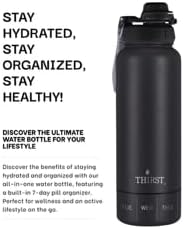Insulated Water Bottle, 32oz, BPA-Free, Stainless Steel, with 8oz 7-Day Pill Organizer twist bottom, Black
