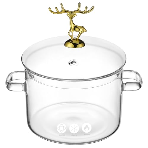 iplusmile Olla de Vidrio Borosilicato con Tapa Estilo Alce Resistente al Calor para Cocinar Sopa Fideos y Estofados Apta para Cocina Casera y Estufa Eléctrica
