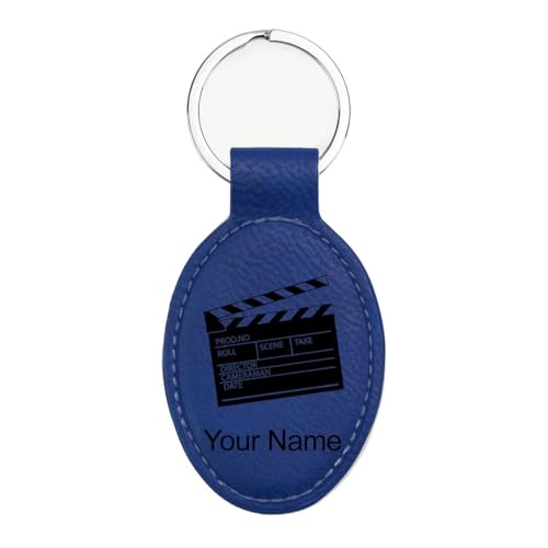 LaserGram Oval Keychain, Movie Clapperboard, Personalized Engraving Included (Dark Blue