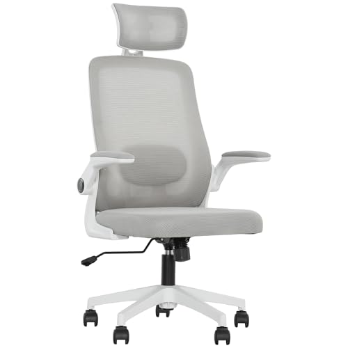 HOMCOM Executive Office Chair, Ergonomic Mesh High Back Desk Chair with Flip-up Armrest, Adjustable Lumbar Support, Rotatable Headrest, Grey