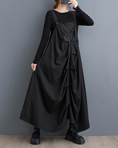 ellazhu Women's Vest Dress Irregular Hem Solid Black Strap Shoulder Buttoned Loose Oversize Fall GZ262 A4