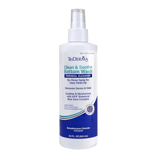 TriDerma Clean & Soothe Bottom Wash Perineal Cleanser for Incontinence Care, Diaper Rash, Post-Partum Care, Full Body No-Rinse Cleanser, 8.2 fl oz