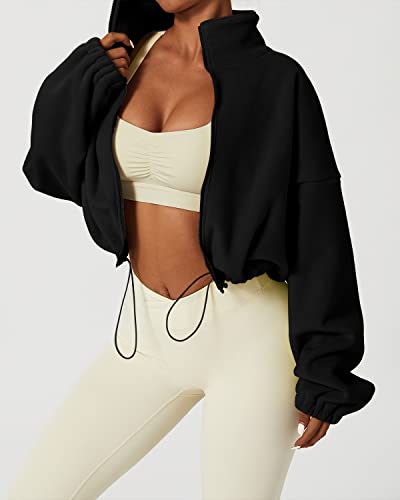 Qinsen Women's Full Zip Fleece Short Jacket Warm Winter Long Sleeve Stand Collar Sherpa Crop Coat Black M #TOP1