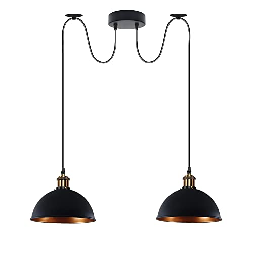 DC VOLTAGE 2-flammige Deckenpendelleuchte, Spinnenlicht, Metallschirm, verstellbares 195 cm langes Kabel, Vintage Edison 60 W E27-Glühbirnensockel (Black Dome) DC VOLTAGE 2-flammige Deckenpendelleuchte, Spinnenlicht, Metallschirm, verstellbares 195 cm langes Kabel, Vintage Edison 60 W E27-Glühbirnensockel (Black Dome)