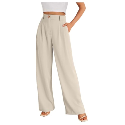 Wide Leg Dress Pants Women's High Waisted Business Casual Trousers with Pockets Solid Baggy Loose Trendy Work Pants Beige XXL