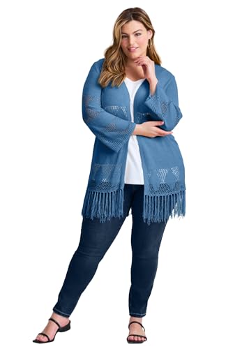Women's Plus Size Pointelle Fringe Cardigan