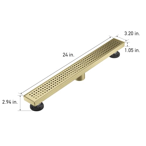 AVSIILE Linear Shower Floor Drain, Brushed Gold 24 Inch 304 Stainless Steel Bathroom Drains Kit, Long Rectangular Shower Trench Drain with Square Pattern Drain Cover & Hair Catcher