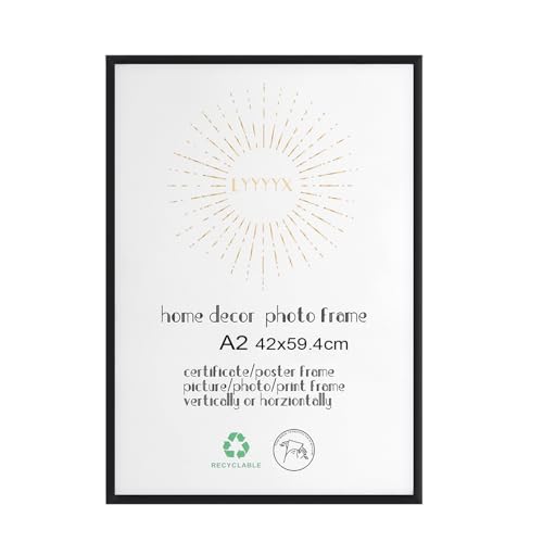 LYYYYX Marco de fotos DIN A2, 42 x 59,4 cm, marco de fotos de aluminio negro con cristal acrílico para colgar en vertical u horizontal, póster de arte para fotos, pósteres, rompecabezas, 1 unidad