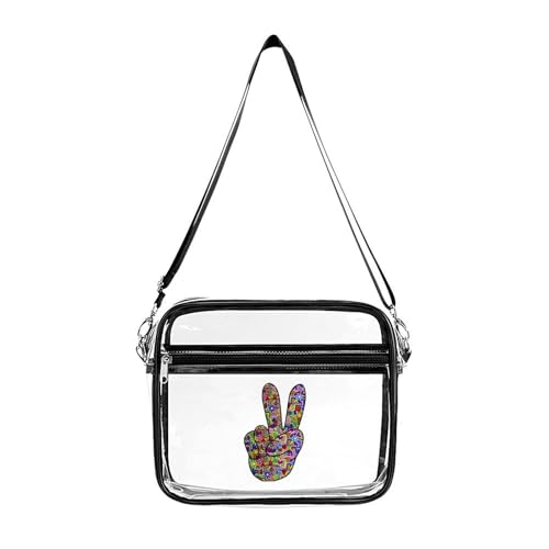 Hippy Love Peace Large Crossbody Bag Clear Stadium Bag Anti-Theft Side Shoulder Bags Messenger Bag with 2 Compartments