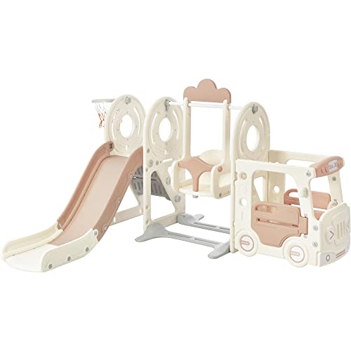 Image of Merax 5-in-1 Toddler Slide with Swing, Kids Slide Indoor with Bus Playhouse and Basketball Hoop, Outdoor Baby Slide for Toddlers 1+